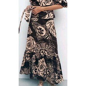 NWT ZARA WOMEN'S Linen Blend Long Printed Skirt Brown/Beige Size S 2397/142